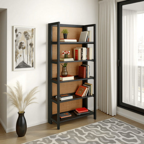 Ashley Bookcase | 70" | 5 Wood Storage Shelves | Black and Brown Solid Wood