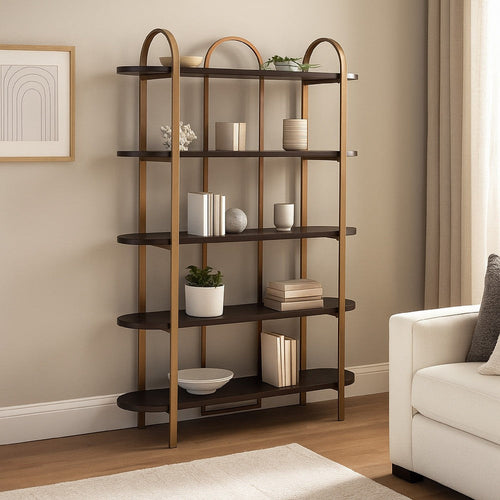 Ashley Bookcase | 5 Ash Veneer Storage Shelves | 72" | Retro Gold Metal Frame