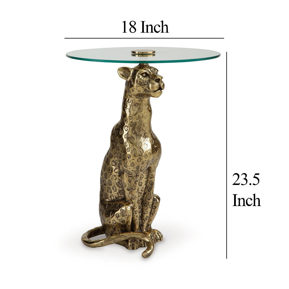 Ashley Accent Table | Gold Cast Metal Leopard Design | 18’’ Glass Round Top BM327888