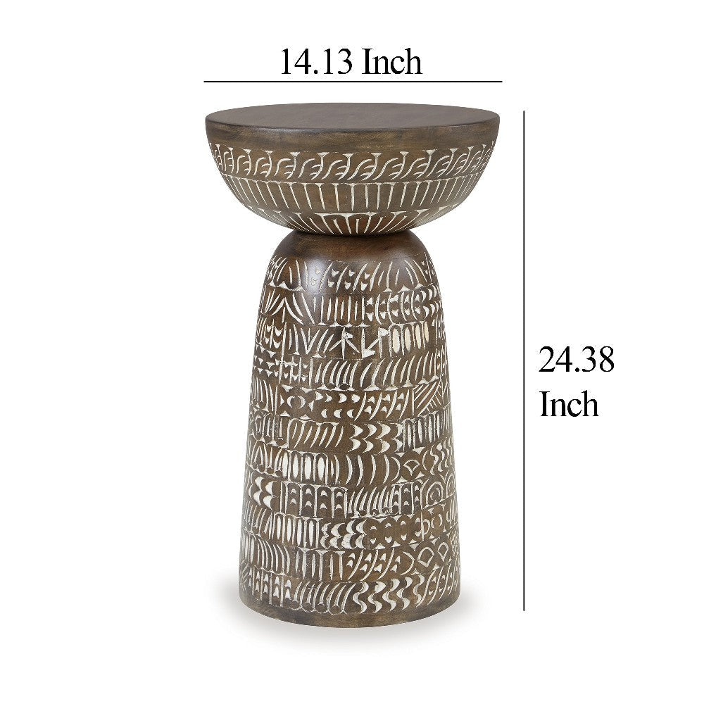 Ashley Accent Table | Faux Wood Classical Tribal Carved Design | Brown 14’’ BM327895