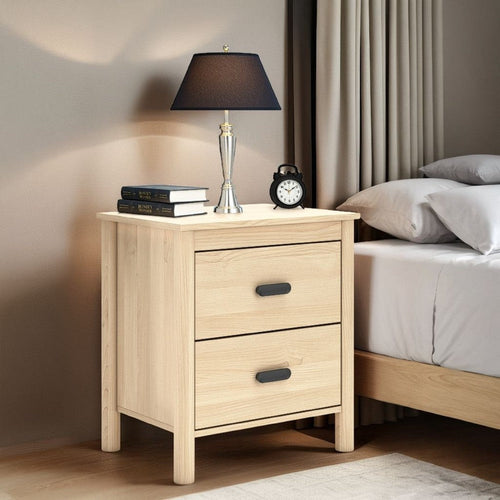 Ashley Abis Nightstand | 2 Drawers | Natural Brown Wood | Black Handles | 24"