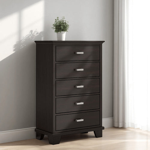 Ashley Teno Tall Dresser Chest | 5 Drawers | Nickel | Dark Brown Solid Wood