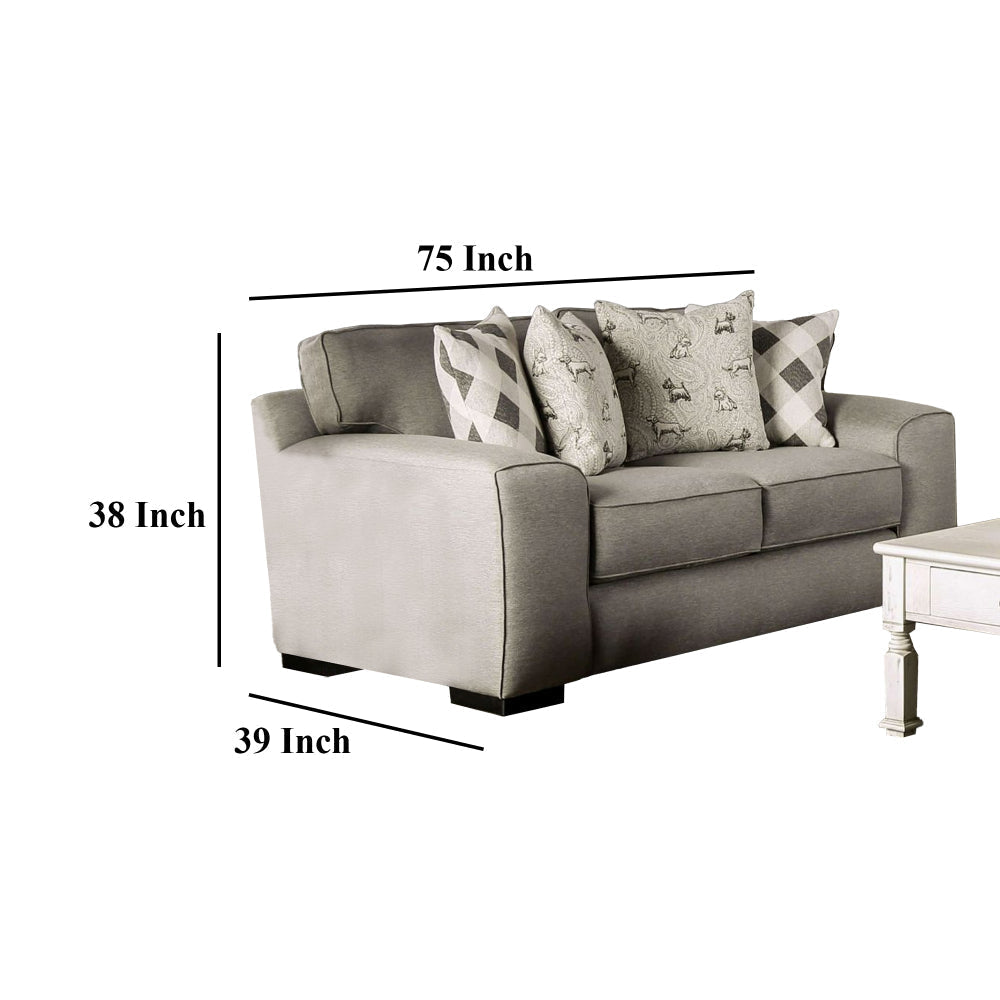 Edison Loveseat Gray Fabric 4 Throw Pillows Track Arms 75 Inch BM328036