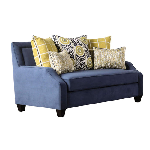 Omis Loveseat, Navy Blue Velvet, 5 Accent Pillows, Solid Wood, 65 Inch