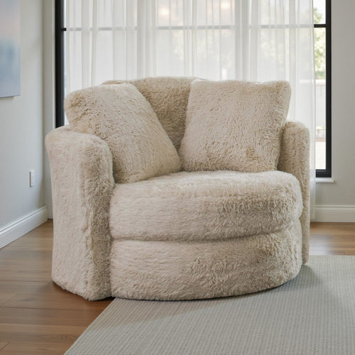 Rane Swivel Accent Chair, Beige Chenille, 2 Throw Pillows, Barrel Back