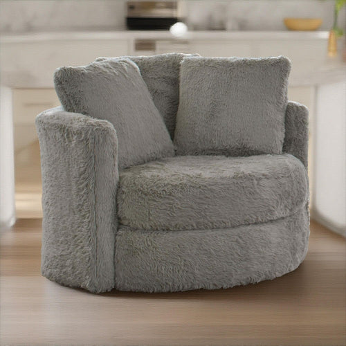 Rane Swivel Accent Chair, Gray Chenille, Barrel Shape, Solid Wood