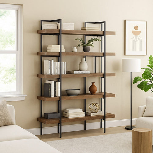 Ashley Tey Bookcase | 5 Display Shelves | Brown Mango Wood | Gray Metal Frame