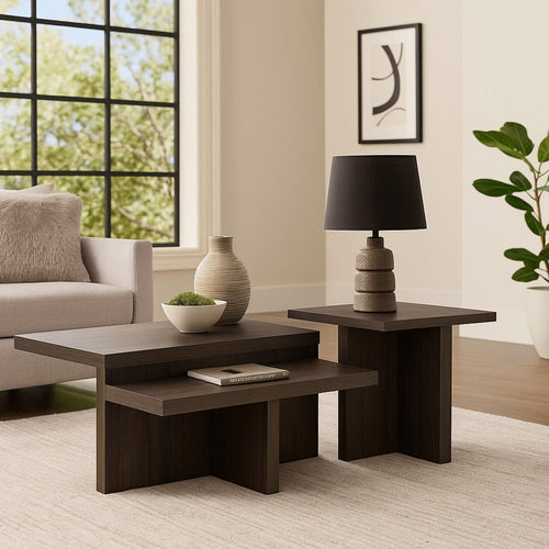 Ashley Zeny 2pc Coffee and Side Table Set | Geometric Cross Base Dark Brown