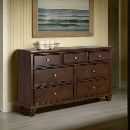 Ashley Reno Wide Dresser | 7 Storage Drawers | Nickel Round Knobs | Brown