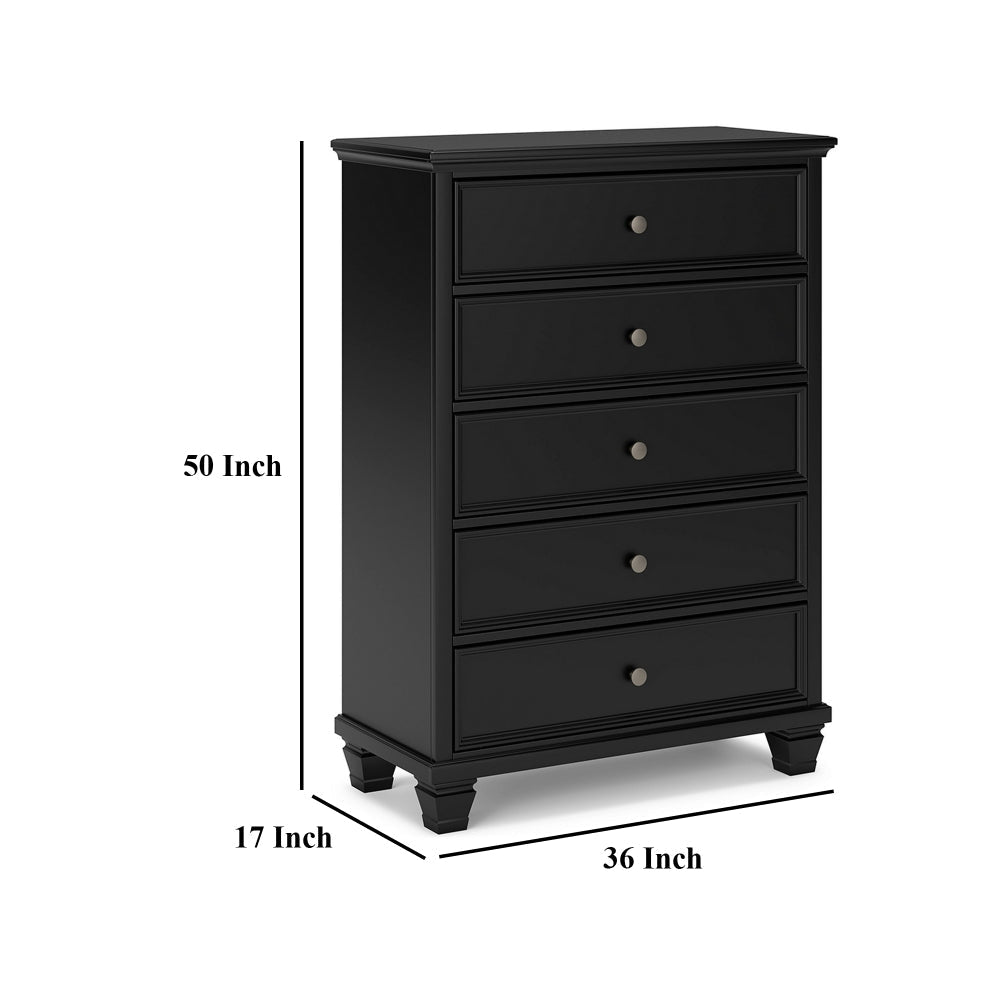 Ashley Lemo Tall Dresser Chest | 5 Drawer | Nickel Knobs | Black Solid Wood BM328177