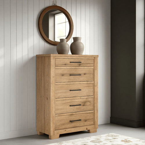 Ashley Dani Tall Dresser Chest | 5 Drawer | 58" Rustic Brown Solid Hardwood