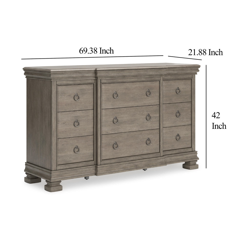 Ashley Orny Wide Dresser | 9 Drawers | 69’’ | Gray Solid Hardwood Finish BM328291