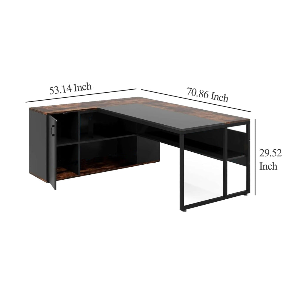 Executive Office Desk 71 Inch L Shaped w Storage Cabinet Brown Black BM328363