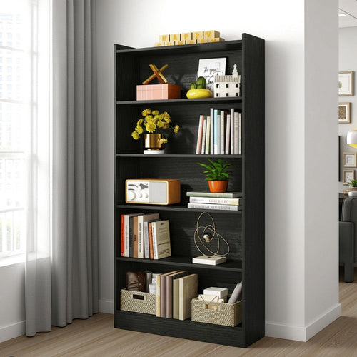 Modern Bookcase, 6 Tier Display Shelves, 72 Inch Black Wood Frame