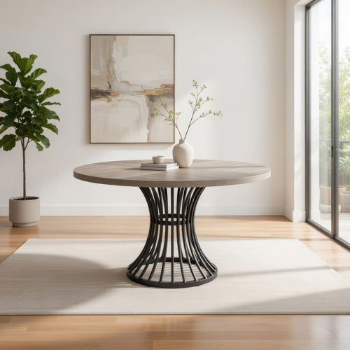Dining Table, 47 Inch Round Gray Wood Top, Black Metal Hourglass Base