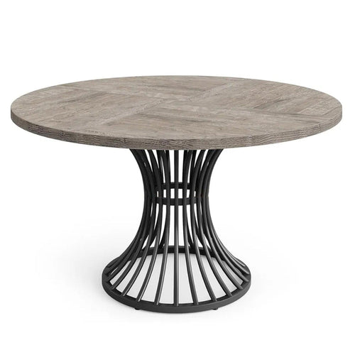 Dining Table, 47 Inch Round Gray Wood Top, Black Metal Hourglass Base