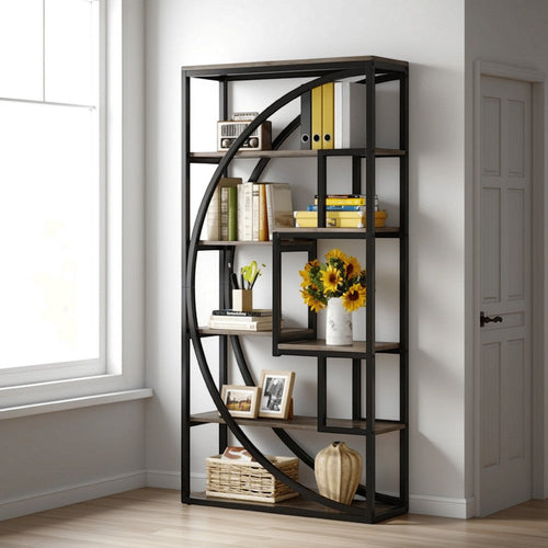 Modern Bookcase, 5 Tier Geometric Display Shelves, 71 Inch Black Metal