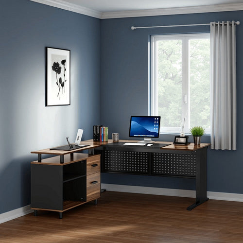 Liy Executive Office Desk, 63 Inch L Shape, File Cabinet, Brown Black