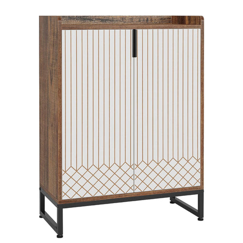 Shoe Cabinet Console, Gold Strip Doors, 5 Shelves, 41 Inch Brown White