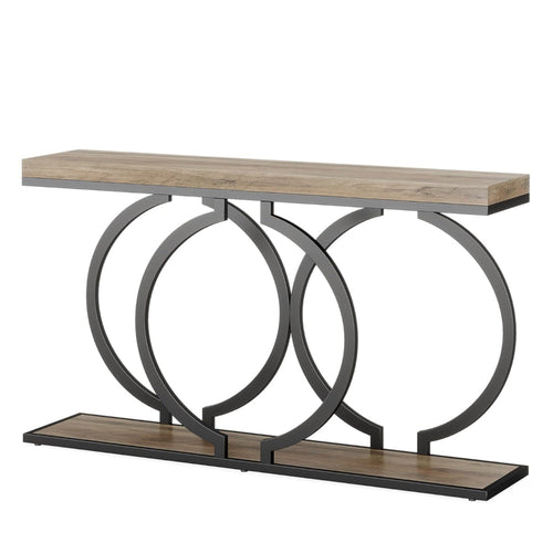 Console Table, 55 Inch Gray Faux Marble, Black Metal Circle O Base