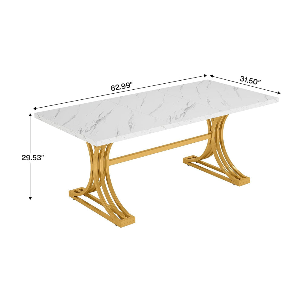 Dining Table Rectangular White Marble Top Gold Metal Base 63 Inch BM328500