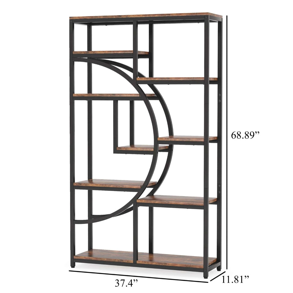 Bookshelf 9 Tier Open Shelves Brown MDF Black Metal Frame 69 Inch BM328504