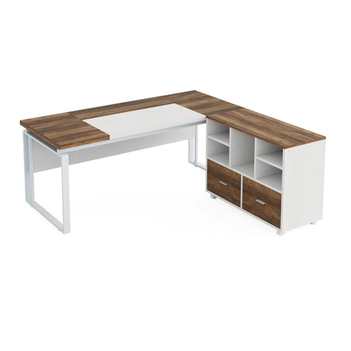 Executive Desk, 63 Inch L Shaped Top, Mobile File Cabinet, White Brown