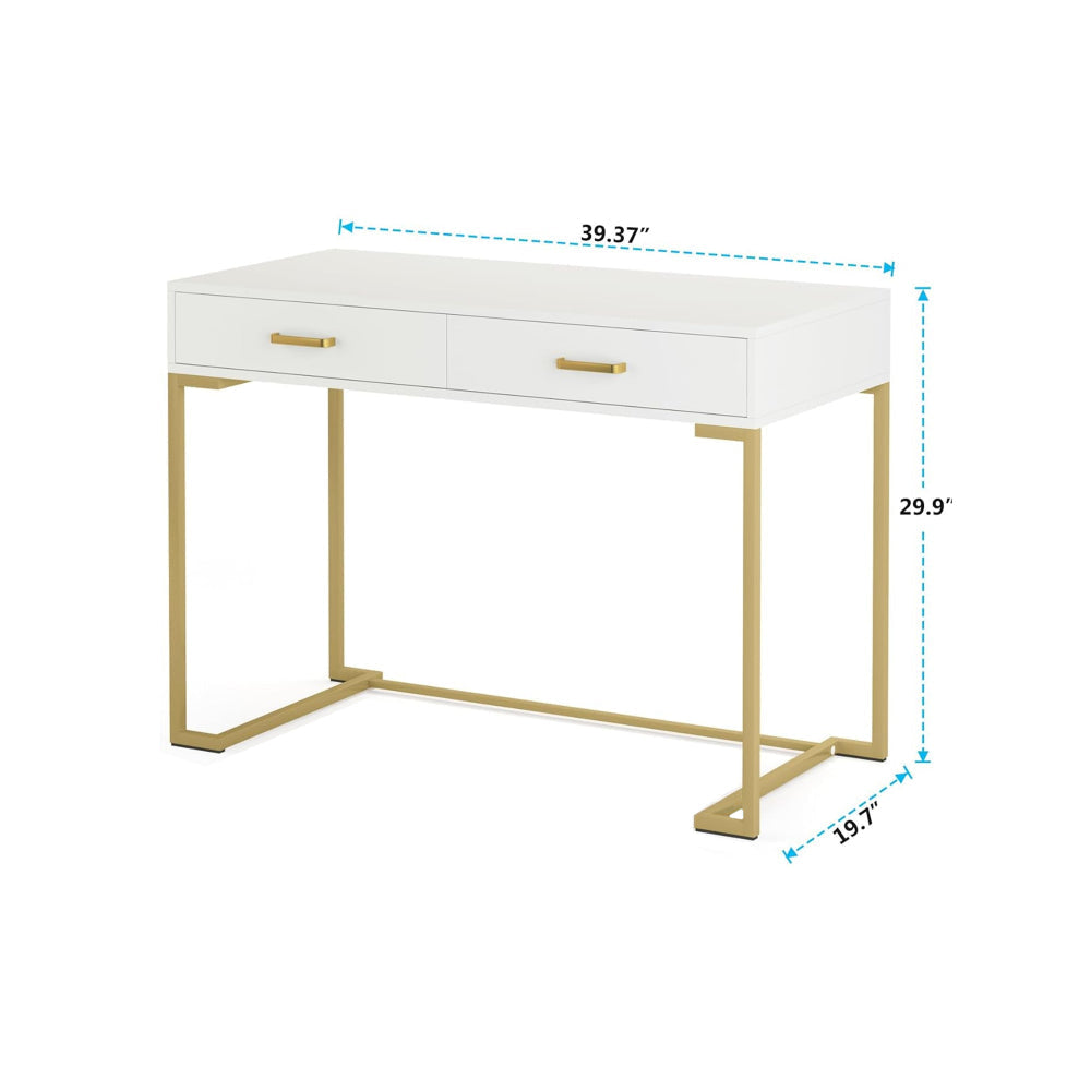 Computer Desk 2 Drawers Modern White Top Gold Metal Legs 39 Inch BM328507