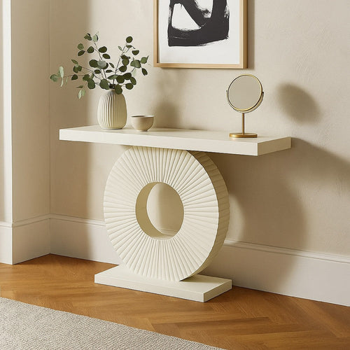 Console Table, 39 Inch White Rectangular Top, Geometric Flower Base