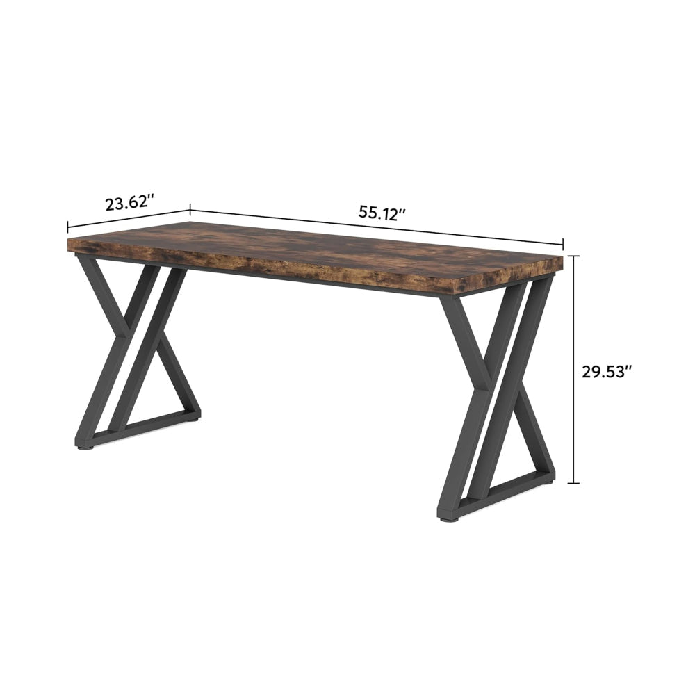Oneb Writing Desk 55 Inch Brown Rectangular Top Black Metal Z Base BM328512