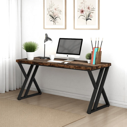 Oneb Writing Desk, 55 Inch Brown Rectangular Top, Black Metal Z Base