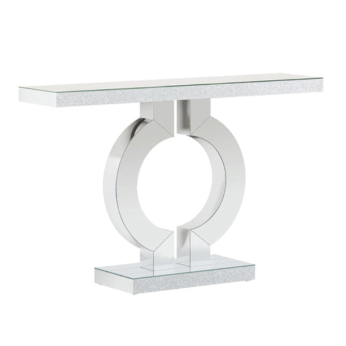 Console Table, 43 Inch Mirrored Silver, Rectangular Top, O Shaped Base