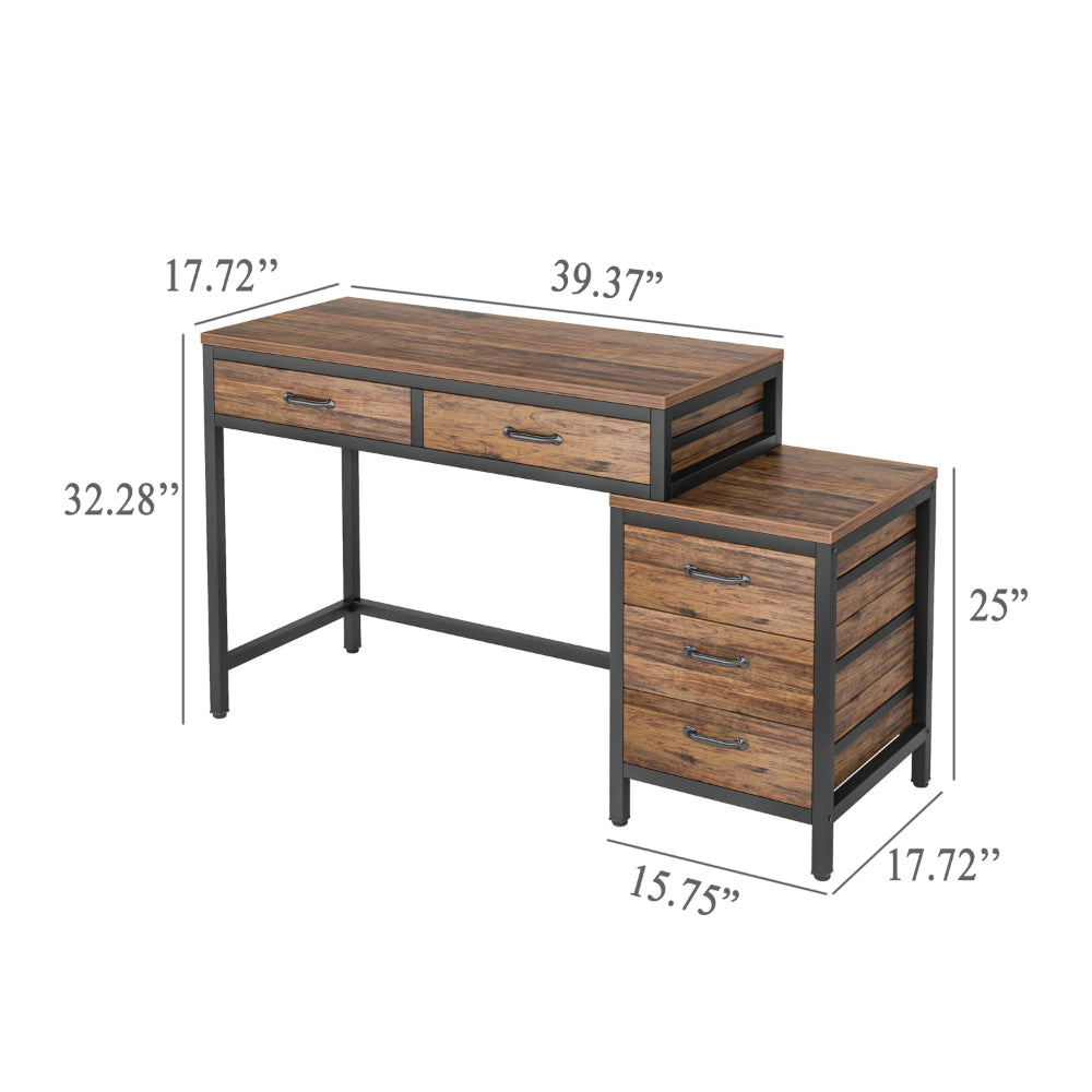 Eli Vanity Desk Table 5 Drawers Classic Brown Finish Black Metal BM328521