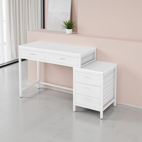 Eli Vanity Desk Table, 5 Drawers, Vintage White Finish, Metal Frame