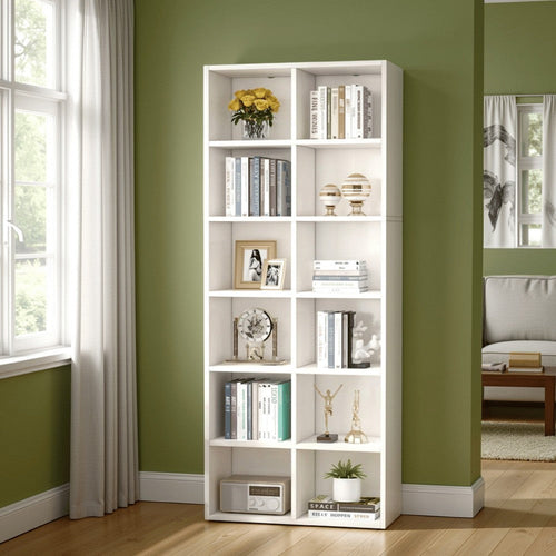 Tall Bookcase, 6 Tier 12 Open Shelves, Modern White Finish, 72 Inch