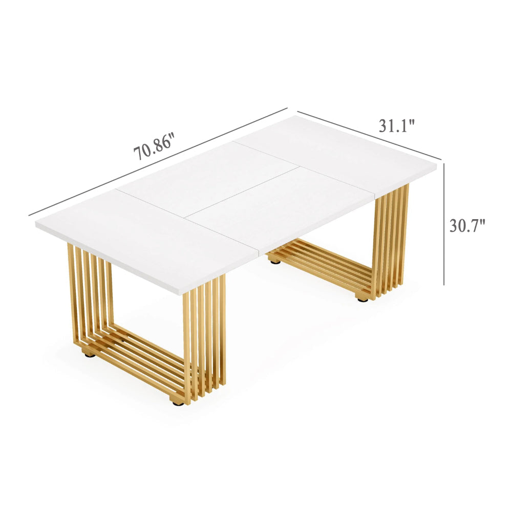 Office Desk 71 Inch Modern Style White Top Gold Geometric Metal Base BM328524