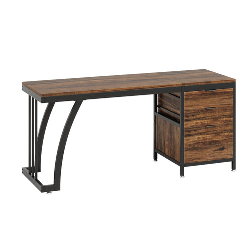 Vanity Desk Table, 3 Drawers, Rustic Brown, Black Metal Frame, 59 Inch