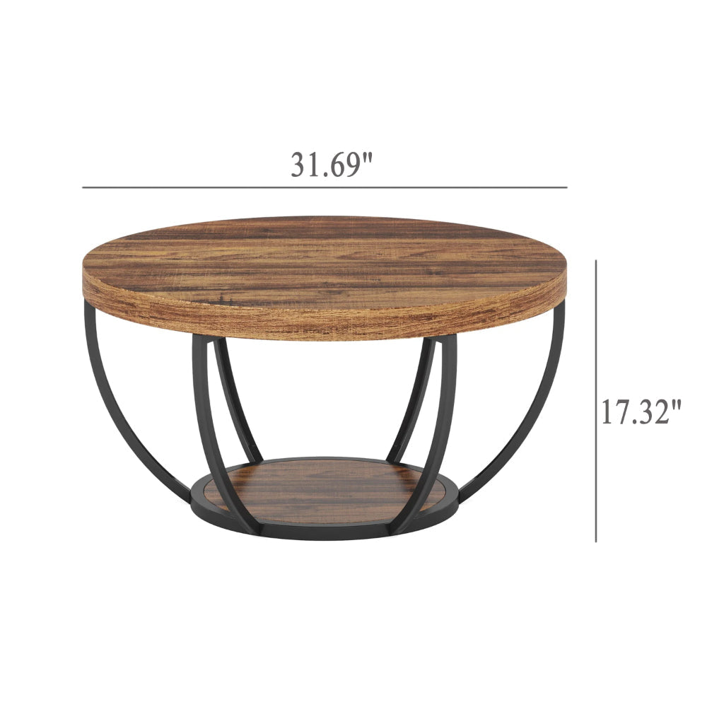 Ari Coffee Table 32 Inch Round Top Rustic Brown MDF Black Metal BM328531