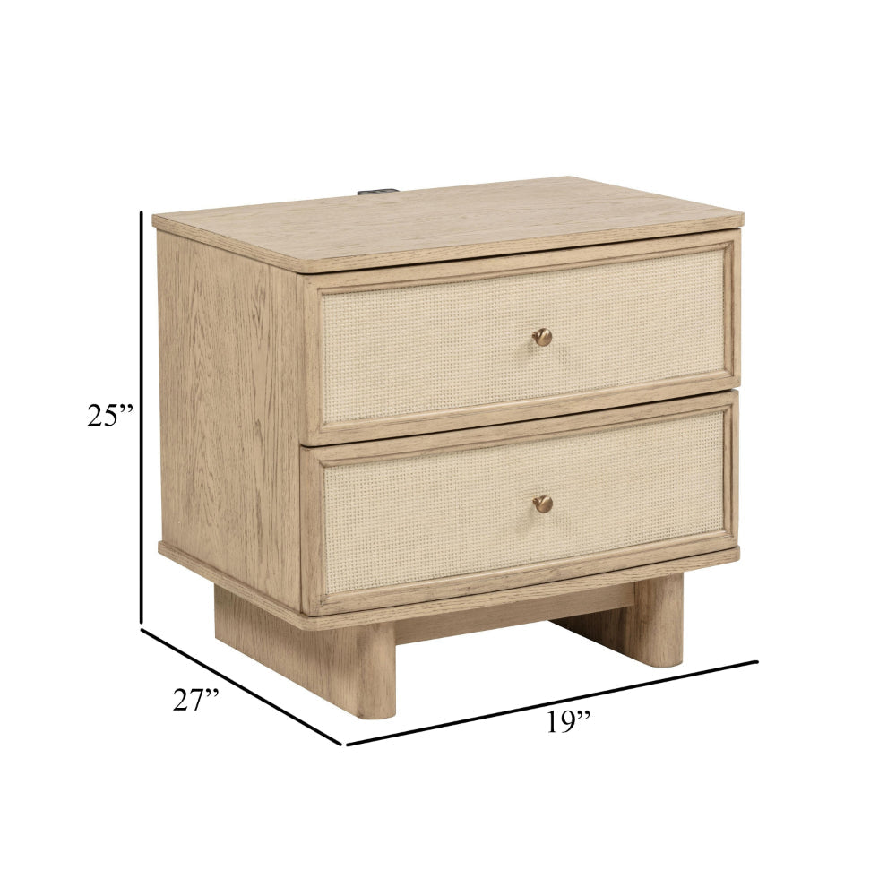 Lno Nightstand 2 Cane Accent Drawers w Brass Knobs USB Oak Beige BM328555