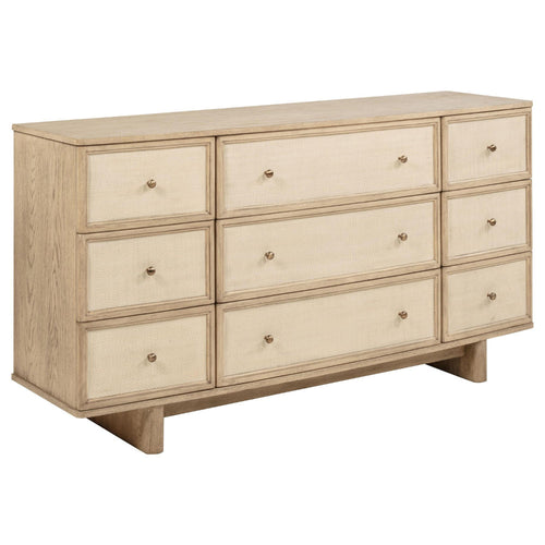Lno Wide Dresser, 9 Cane Accent Drawers w Brass Knobs, Oak Beige