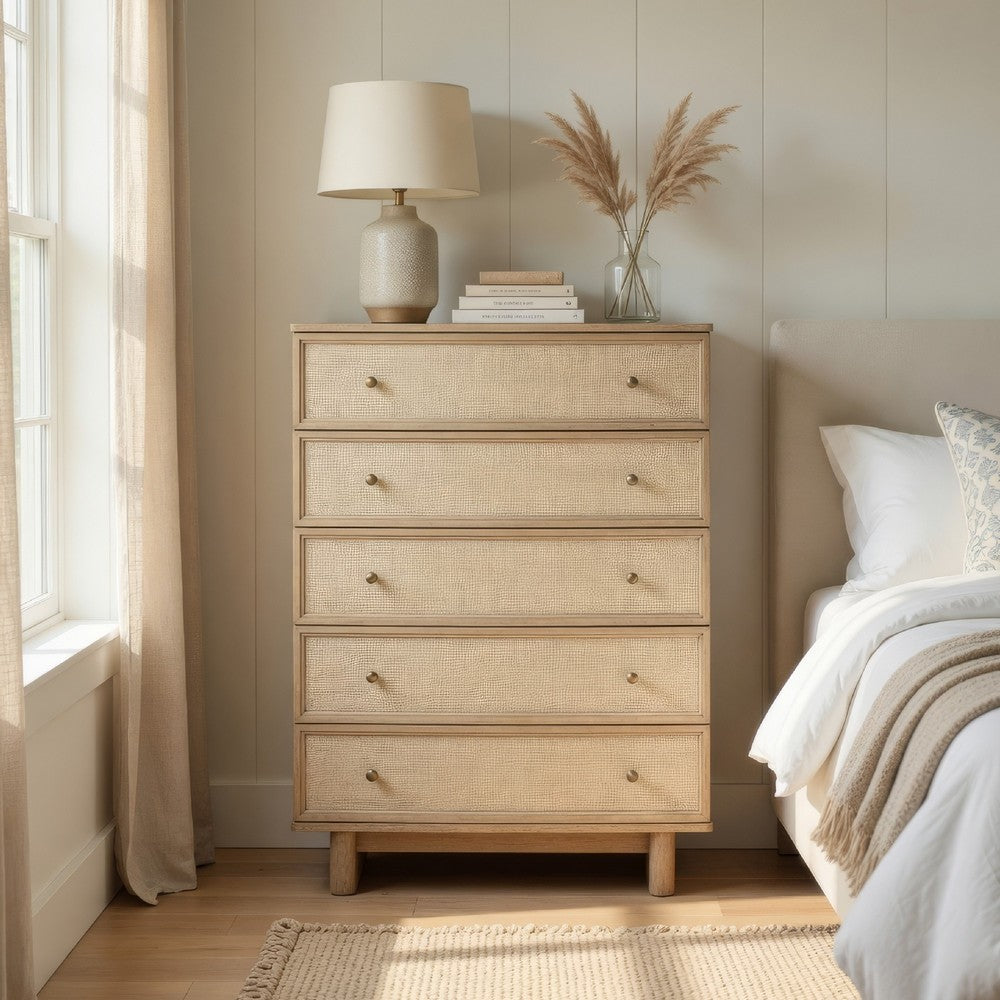 Lno Tall Dresser Chest, 5 Cane Accent Drawers w Brass Knobs, Oak Beige