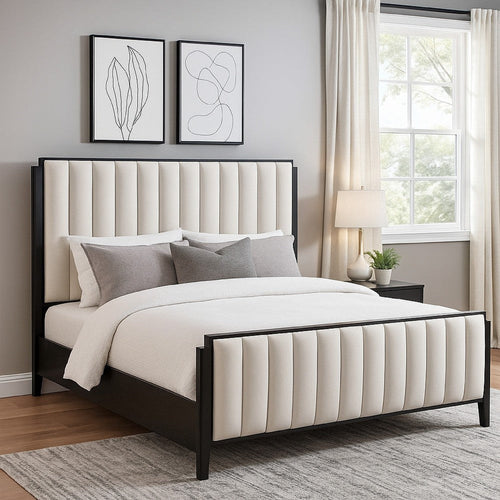 Jack King Size Bed, Channel Tufted Ivory Upholstery, Black Wood