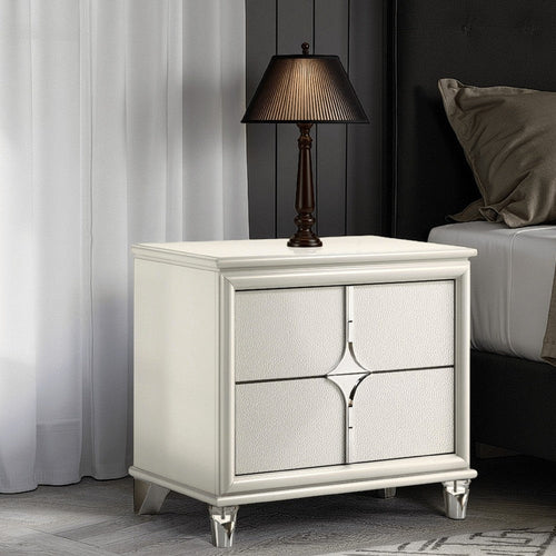 Ory Nightstand w 2 Drawers, Chrome Star Handle, Pearl Ivory Wood