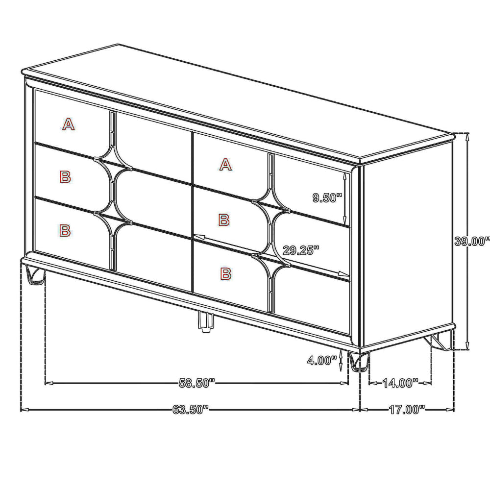 Ory Wide Dresser w 6 Drawers Chrome Star Handle Pearl Ivory Wood BM328572