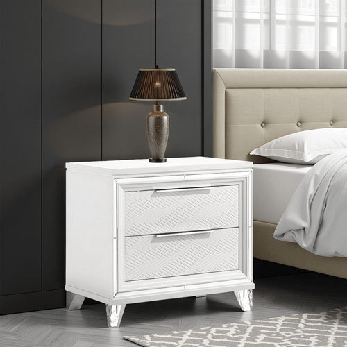 Mory Nightstand, 2 Drawers, Embossed Herringbone Pattern White, Chrome