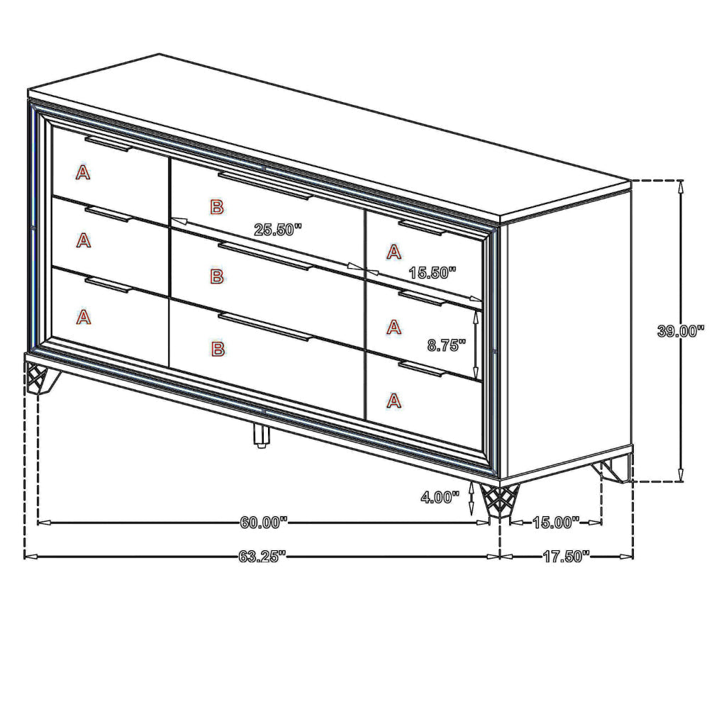 Mory Wide Dresser 9 Drawers Embossed Herringbone Pattern White BM328578