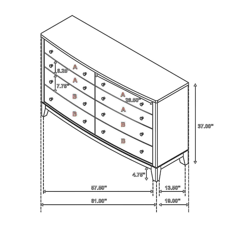 Heon Wide Dresser 8 Drawers w Round Nickel Knobs Natural Brown Pine BM328593