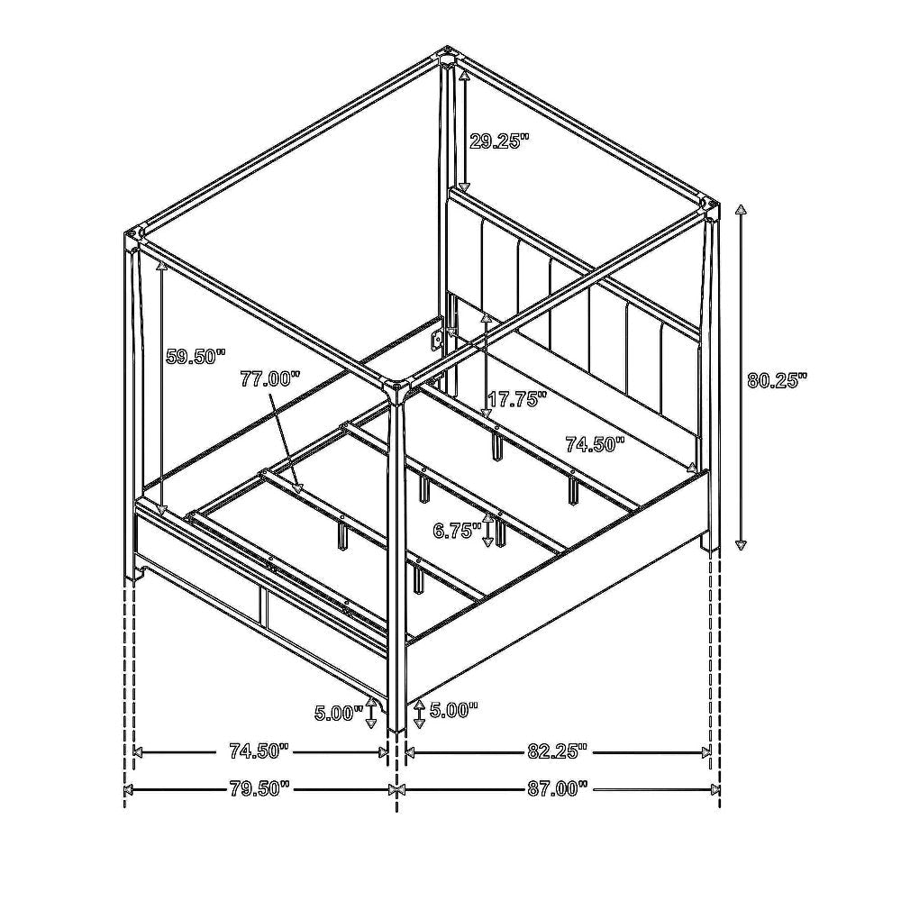 Seon King Canopy Bed w 4 Posters Ivory Upholstery Dark Cocoa Brown