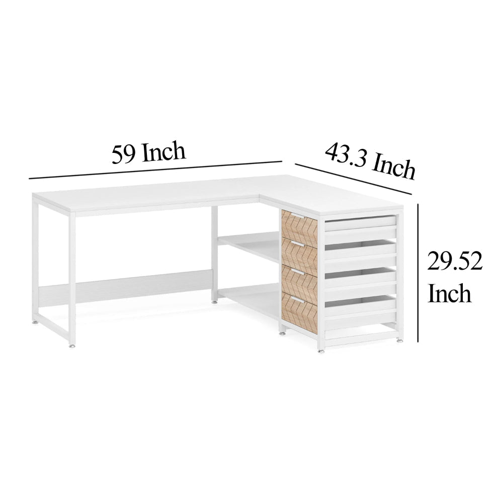 L Shaped Computer Office Desk 3 Drawer 2 White Metal Shelves 59 Inch BM328608