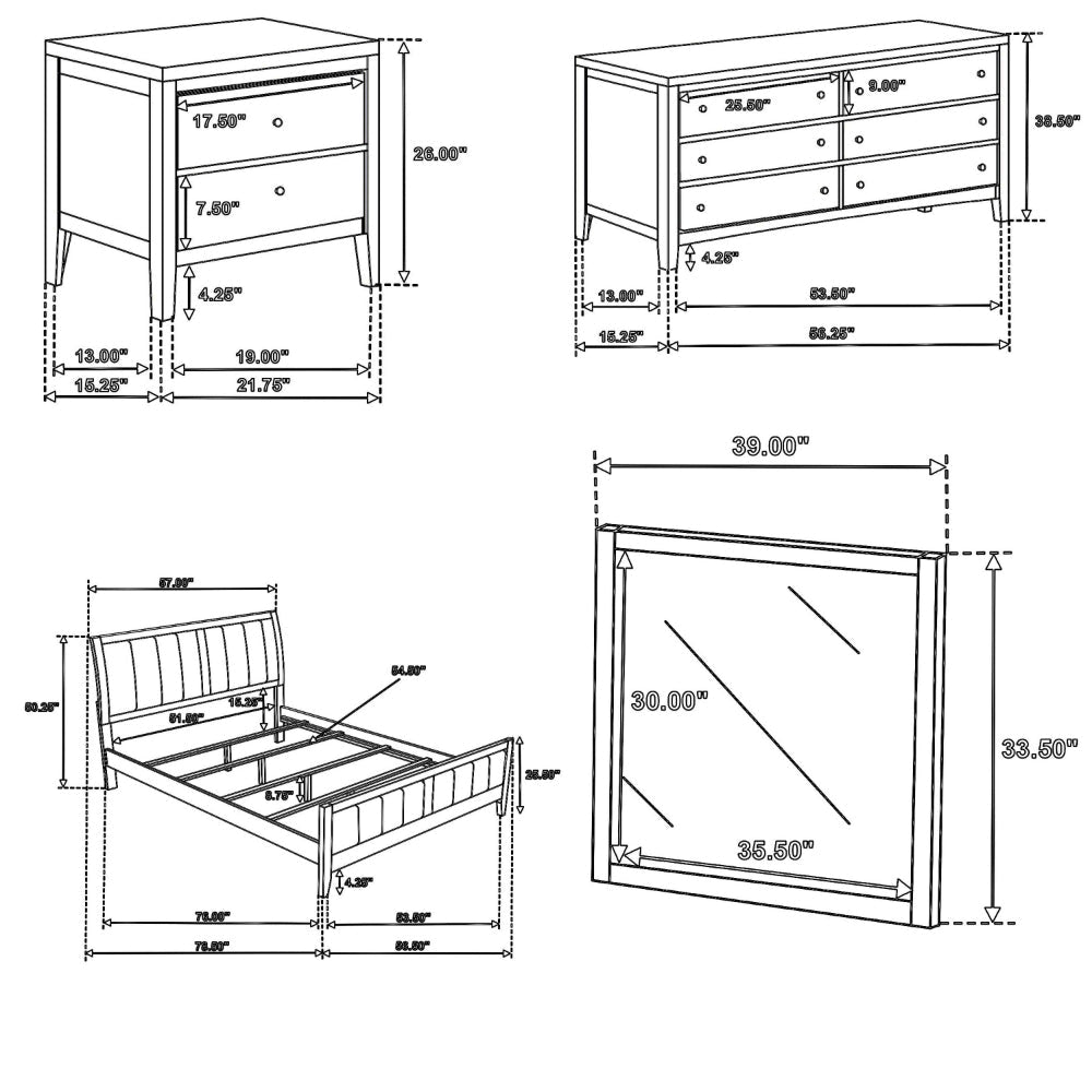 Wily 4pc Full Size Bedroom Set Dresser Mirror Dark Brown Upholstery